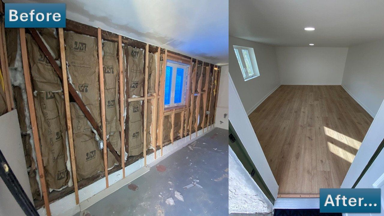 Drywall and flooring, before and after photos