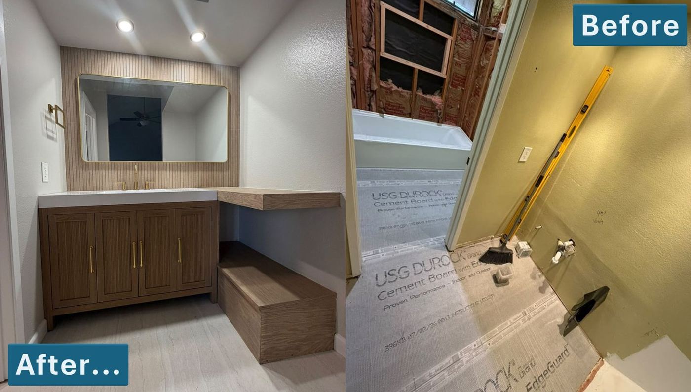 Bathroom vanity and tile, before and after photos